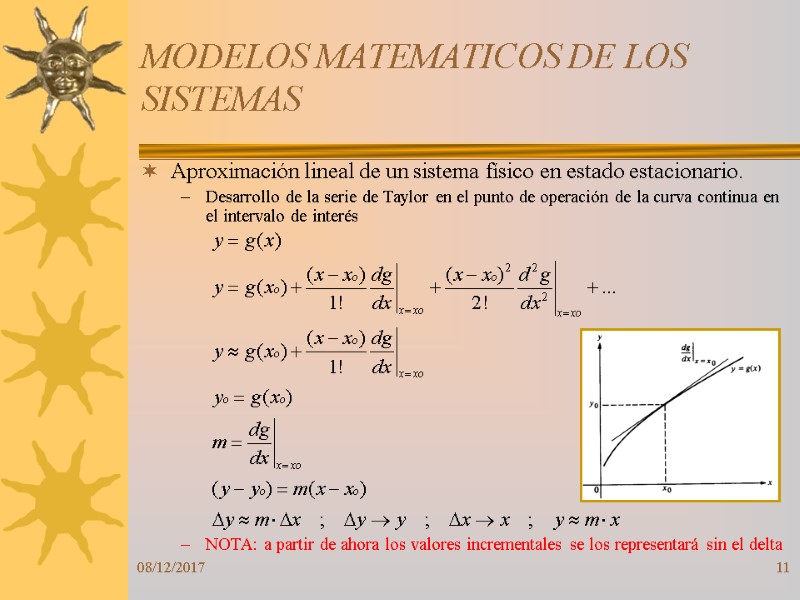 08/12/2017 11 MODELOS MATEMATICOS DE LOS SISTEMAS Aproximación lineal de un sistema físico en